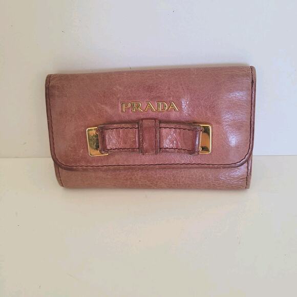 Authentic Prada Multicles Key Holder Hooks Case Pink Bow Small Wallet Leather - Picture 1 of 11